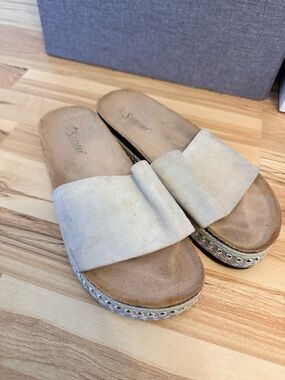 Beige Slide Sandals with Wide Suede Strap
